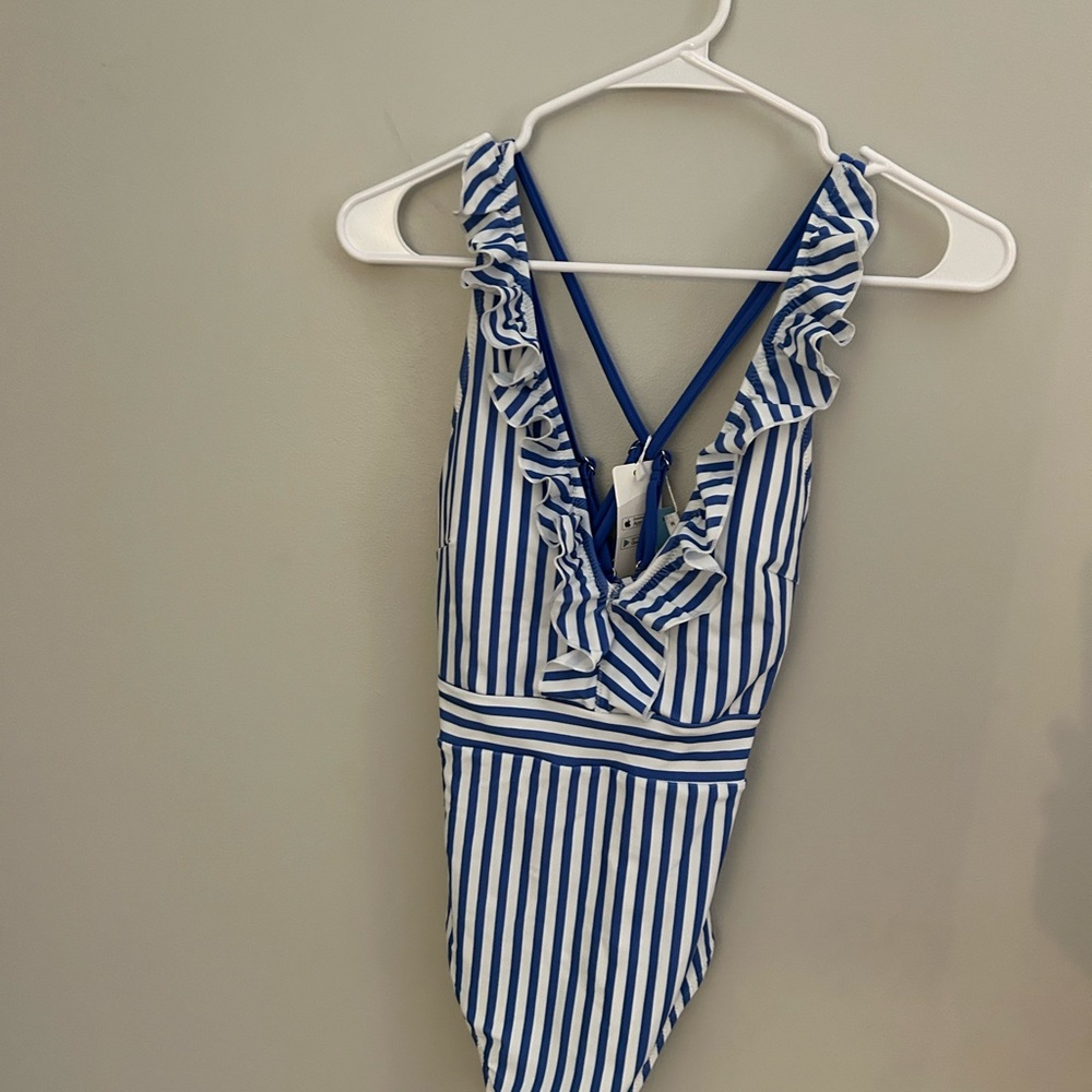 Cupshe swimsuit - blue/white striped with a ruffle neckline. Size Medium